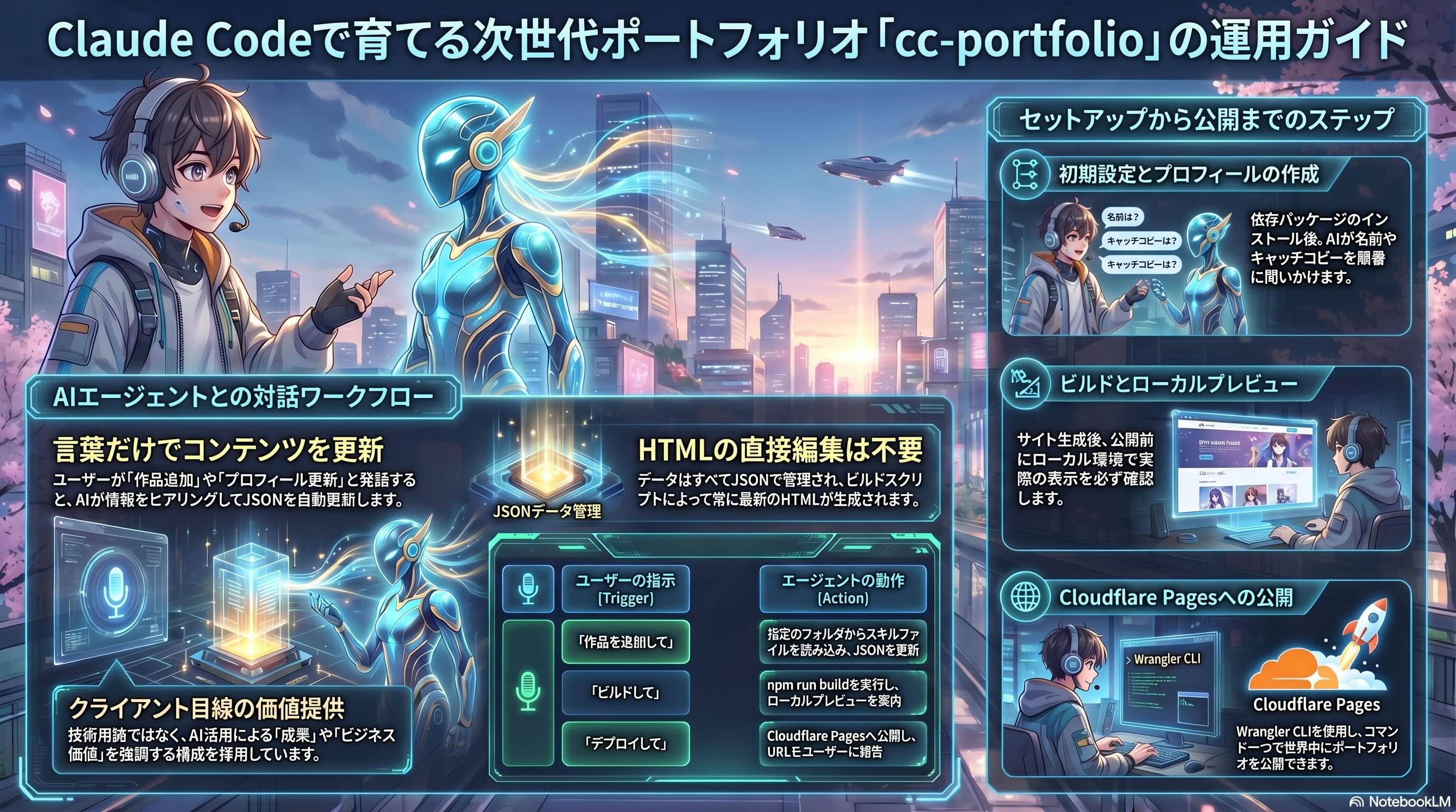 このポートフォリオサイト自体 — 話しかけて更新できる JSON 駆動ポートフォリオ